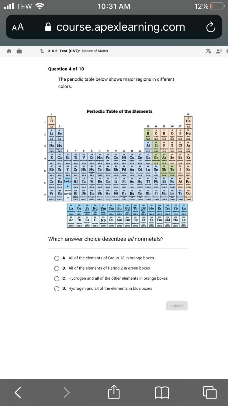 Which answer choice describes all non metals-example-1