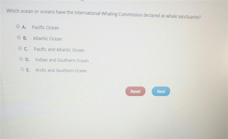 Select the correct answer. Which ocean or oceans have the International Whaling Commission-example-1