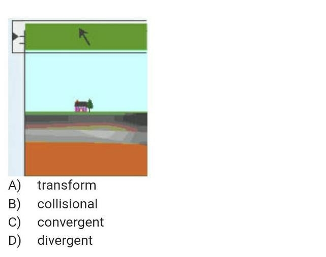 What type of boundary is depicted in the image below? ￼ A) transform B) collisional-example-1