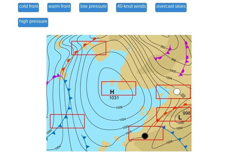 Match the labels with the symbols on the weather map. cold front warm front low pressure-example-1