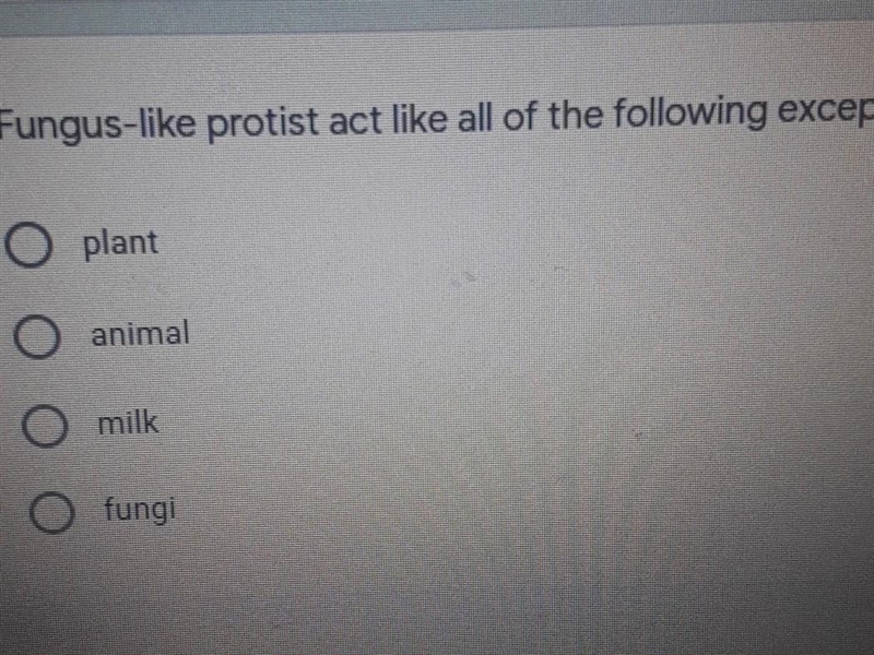 Fungus-like protist act like all of the following except: A. plant B. animal C. milk-example-1