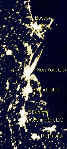 The image shows the metropolitan areas of the Northeast United States illuminated-example-1