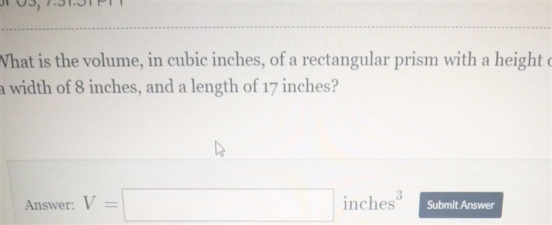 Volume of Rectangular Prisms What is the volume, in cubic inches, of a rectangular-example-1