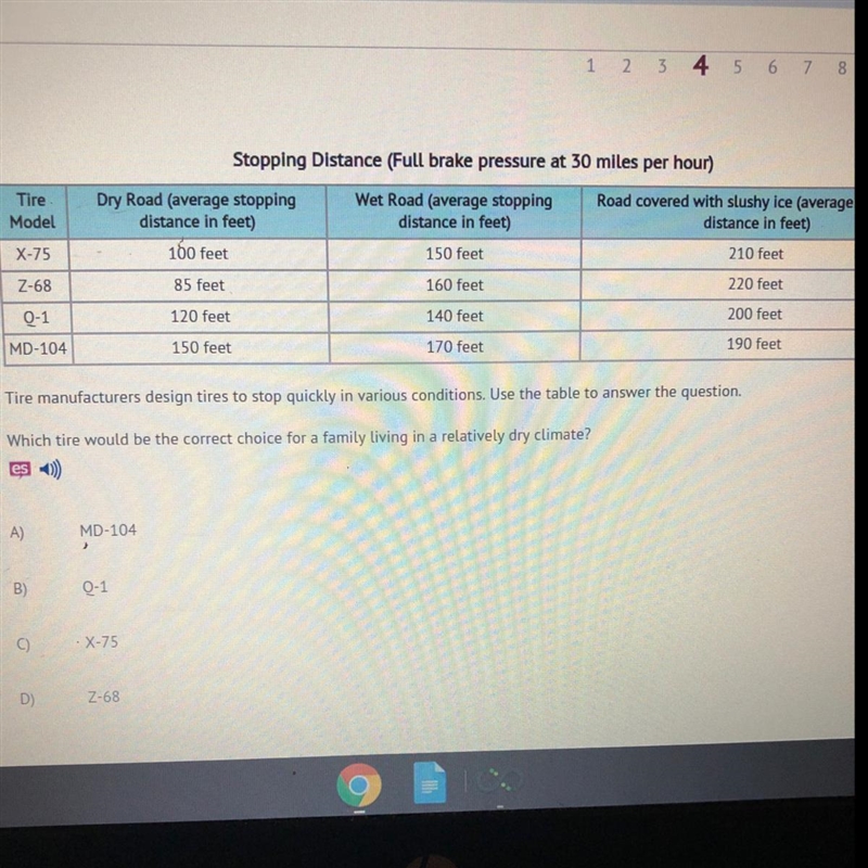 Tire manufacturers design tires to stop quickly in various conditions. Use the table-example-1