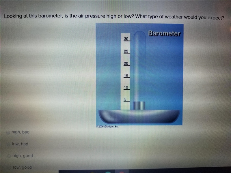 Looking at this barometer is the air pressure high or low? What type of weather would-example-1