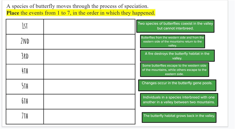 Please HELP!! Place the events 1 to 7 in order of how they happen during speciation-example-1