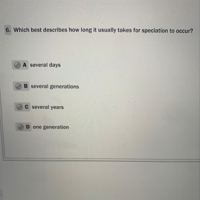 Which best describes how long it usually takes for speciation to occur-example-1