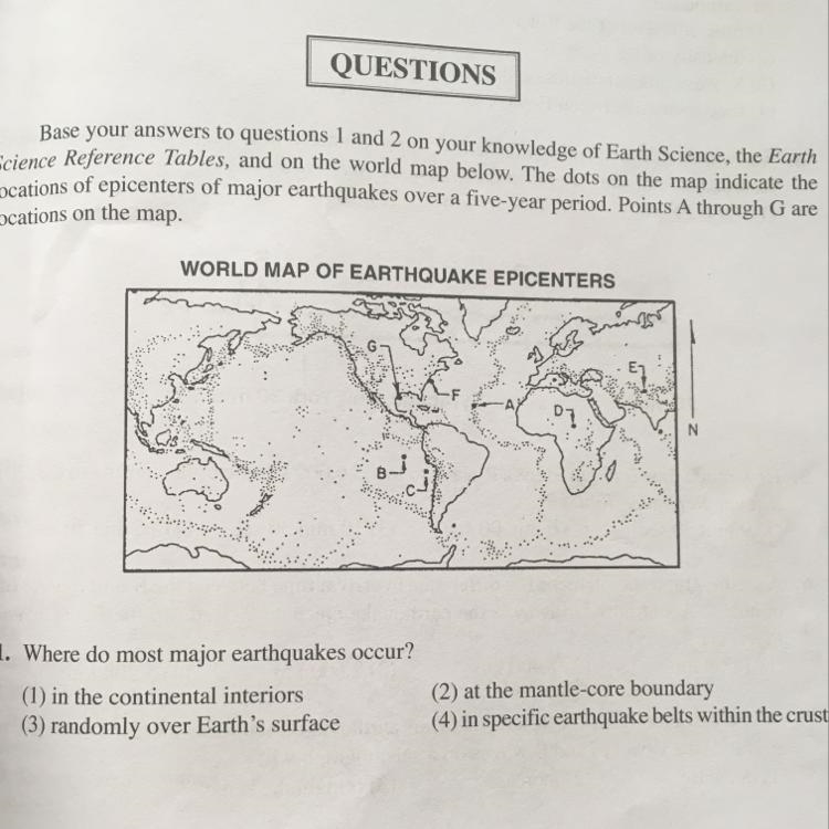 Where do most major earthquakes occur ? (1) in the continental interiors (2)at the-example-1