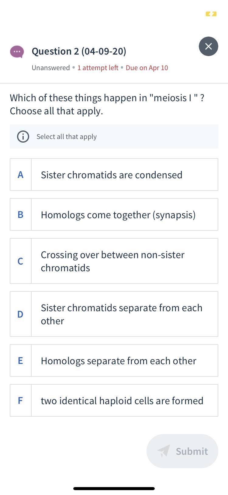 Which of these things happen in "meiosis I " ? Choose all that apply.-example-1