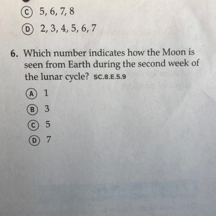 Which number indicates how the moon is seen from earth during the second week of the-example-1