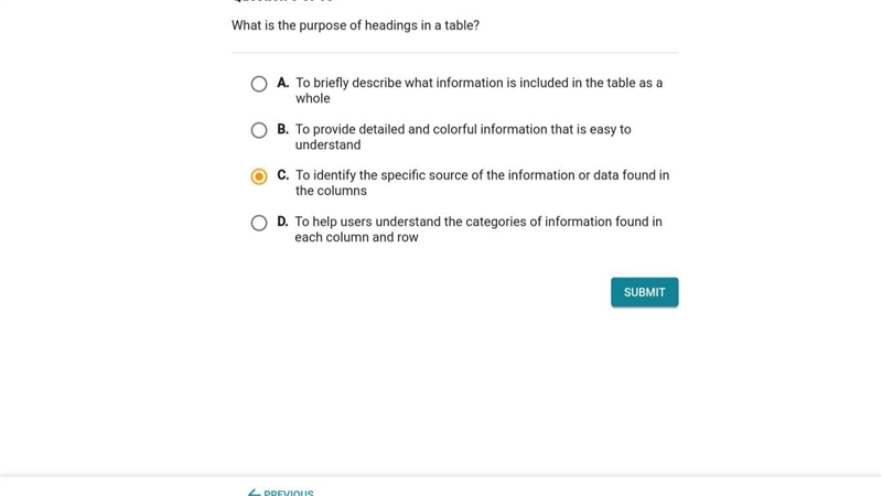 What is the purpose of headings in a table? I do believe the answer may be C, but-example-1