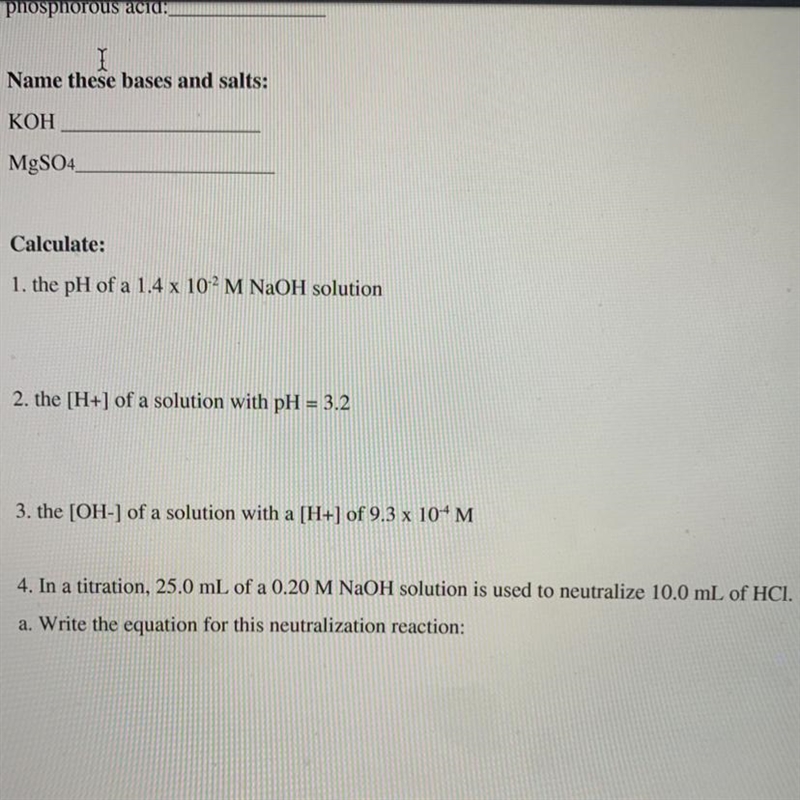 4. In a titration, 25.0 mL of a 0.20 M NaOH solution is used to neutralize 10.0 mL-example-1