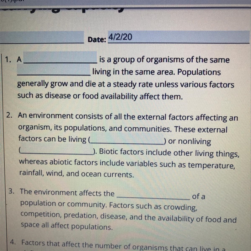 A __________ is a group of organisms of the same _________ living in the same area-example-1