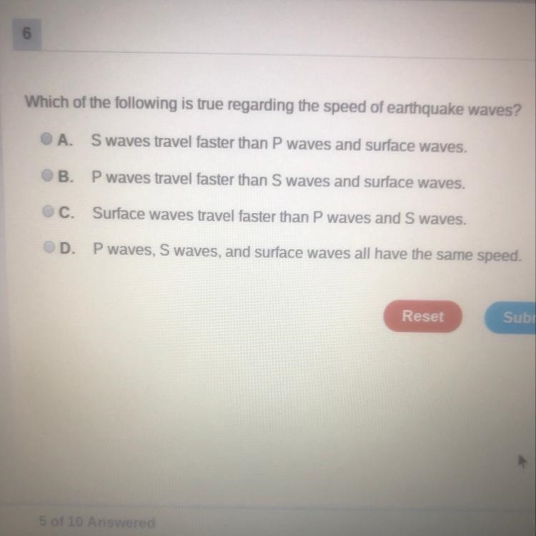 Which of the following is true regrading the speed of earthquake waves?-example-1