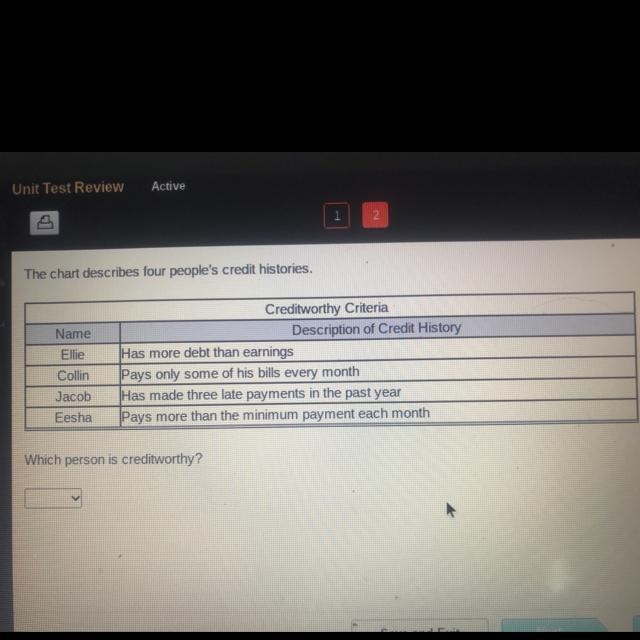 The chart describes four peoples credit histories. Which person is credit worthy?￼-example-1