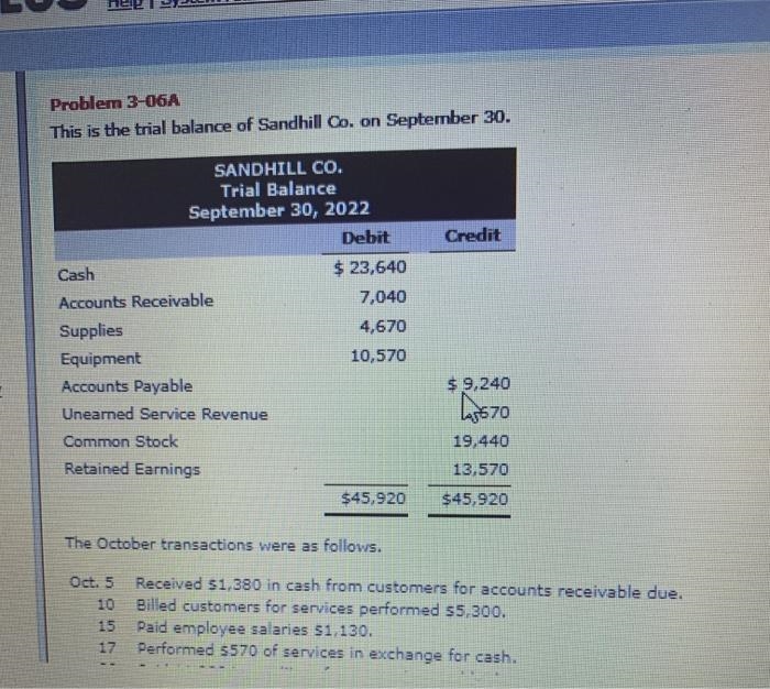 This is the trial balance of Sandhill Co. on September 30. SANDHILL CO. Trial Balance-example-1