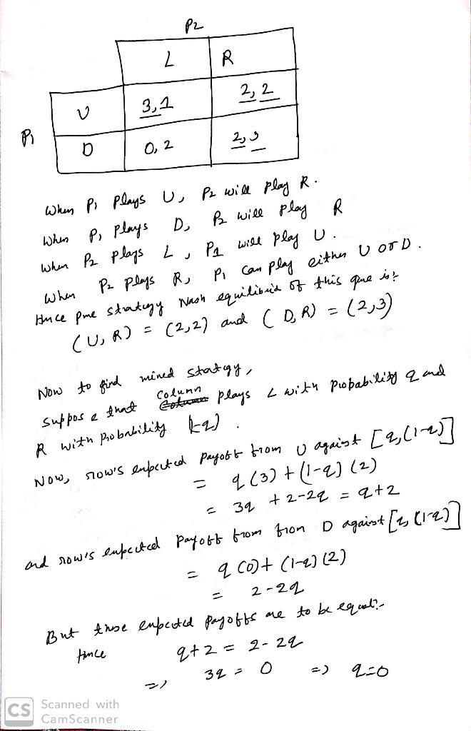 P2 L R P1 U 3,1 2,2 D 0,2 2,3 Assume Row plays U with probability p and Column plays-example-2