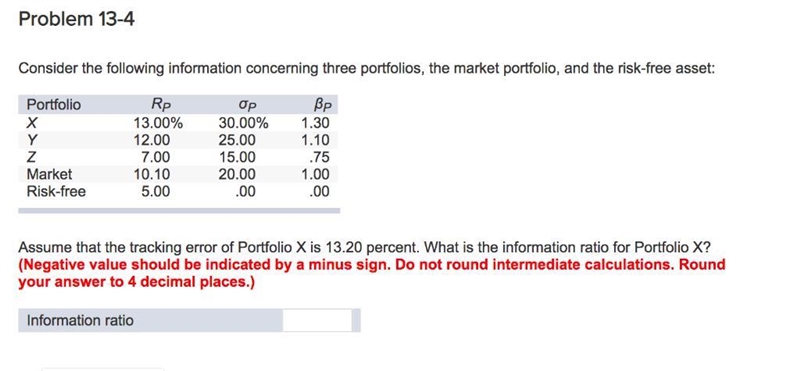 Assume that the tracking error of Portfolio X is 13.20 percent. What is the information-example-1