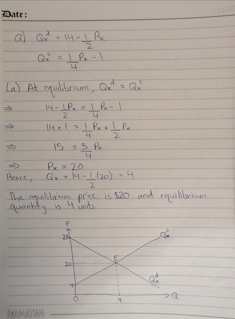 Suppose demand and supply are given by QXd = 14 - (1/2)PX and QXs = (1/4)PX - 1 Instructions-example-1