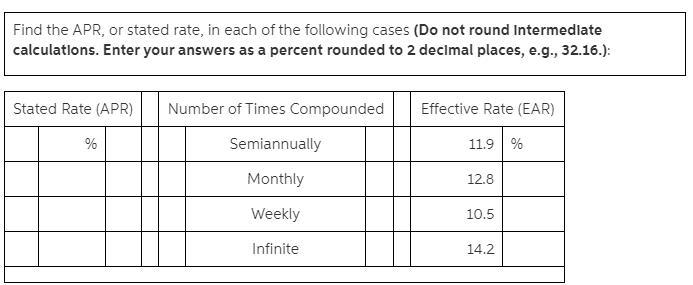 Find the APR, or stated rate, in each of the following cases (Do not round intermediate-example-1