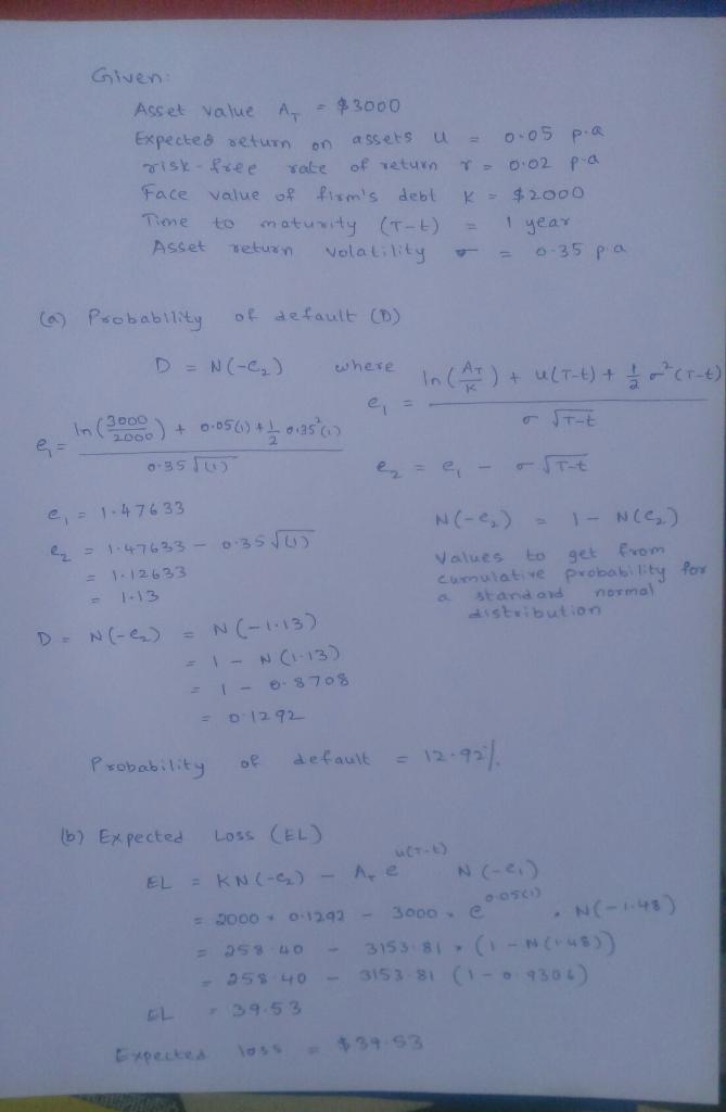 Credit risk measures using the structural model: assume a company has the following-example-1