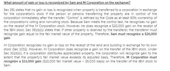 Sam owns 100% of M Corporation’s single class of stock. Sam transfers land and a building-example-1