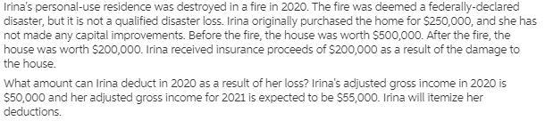 Irina's personal-use residence was destroyed in a fire in 2020. The fire was deemed-example-1