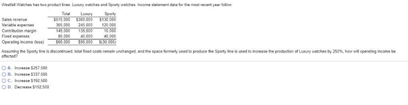 Assuming the Sporty line is discontinued, total fixed costs remain unchanged, and-example-1