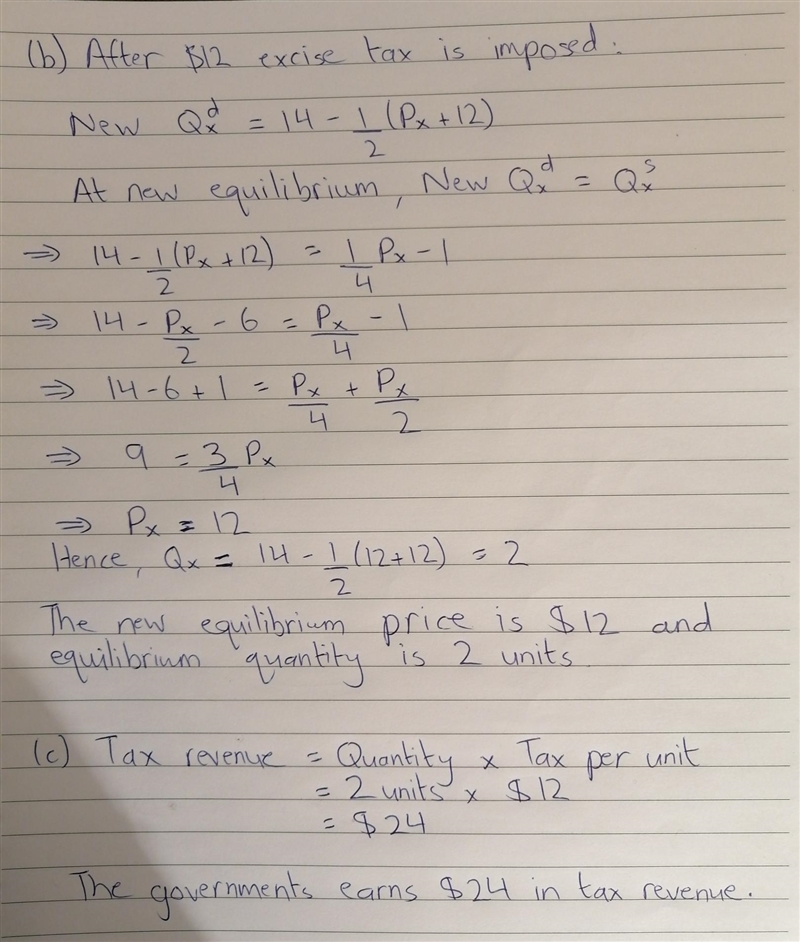 Suppose demand and supply are given by QXd = 14 - (1/2)PX and QXs = (1/4)PX - 1 Instructions-example-2