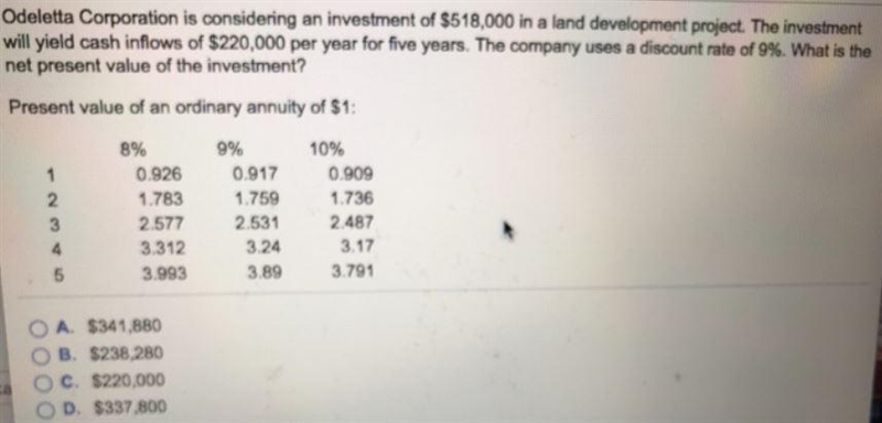 Odeletta Corporation is considering an investment of in a land development project-example-1