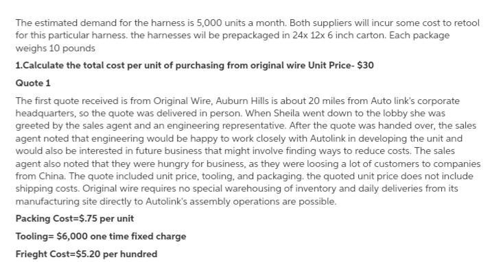 1) Calculate the total cost per unit of purchasing from Original Wire. Please show-example-1