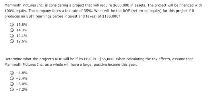 Determine what the project’s ROE will be if its EBIT is –$55,000. When calculating-example-1