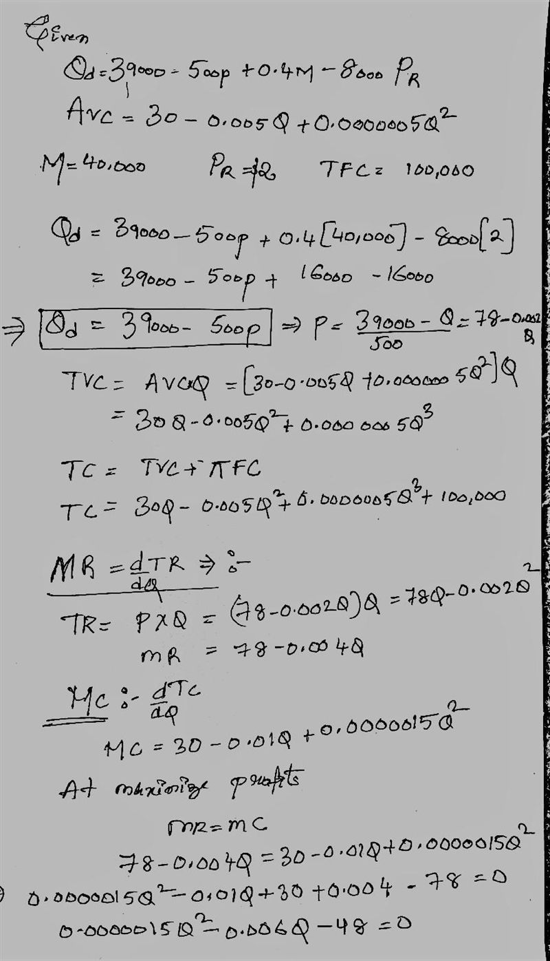 A firm with market power faces the following estimated demand and average variable-example-1