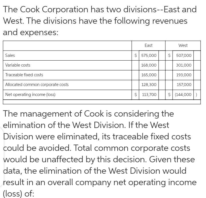 The management of Cook is considering the elimination of the West Division. If the-example-1