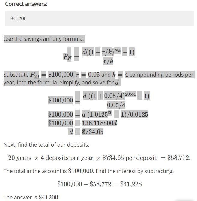 Suppose you invest every quarter, for 20 years, in an annuity that pays 5% interest-example-1