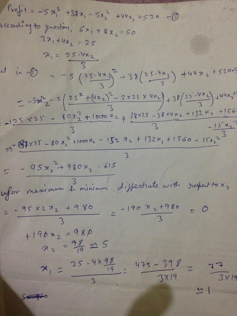 Profit = -5 x2^1 + 38X1 - 5X2^2 +44 X2 +520 where x1 and x2 represent number of units-example-2