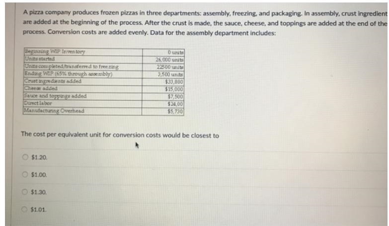 A pizza company produces frozen pizzas in three departments: assembly, freezing, and-example-1