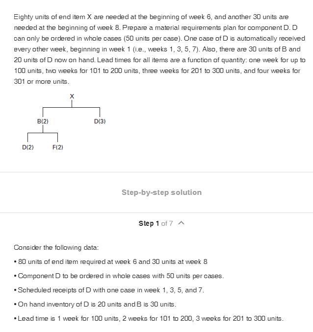 Eighty units of end item X are needed at the beginning of week 6, and another 30 units-example-1