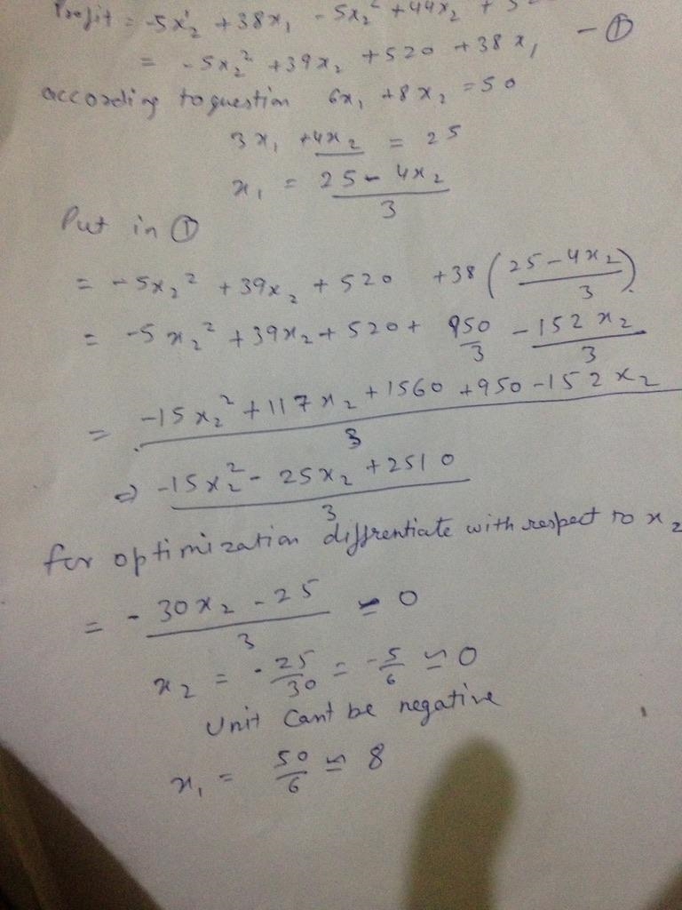 Profit = -5 x2^1 + 38X1 - 5X2^2 +44 X2 +520 where x1 and x2 represent number of units-example-1