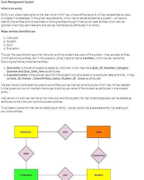 Name two entities that you can think of in the described Quiz Management System below-example-1