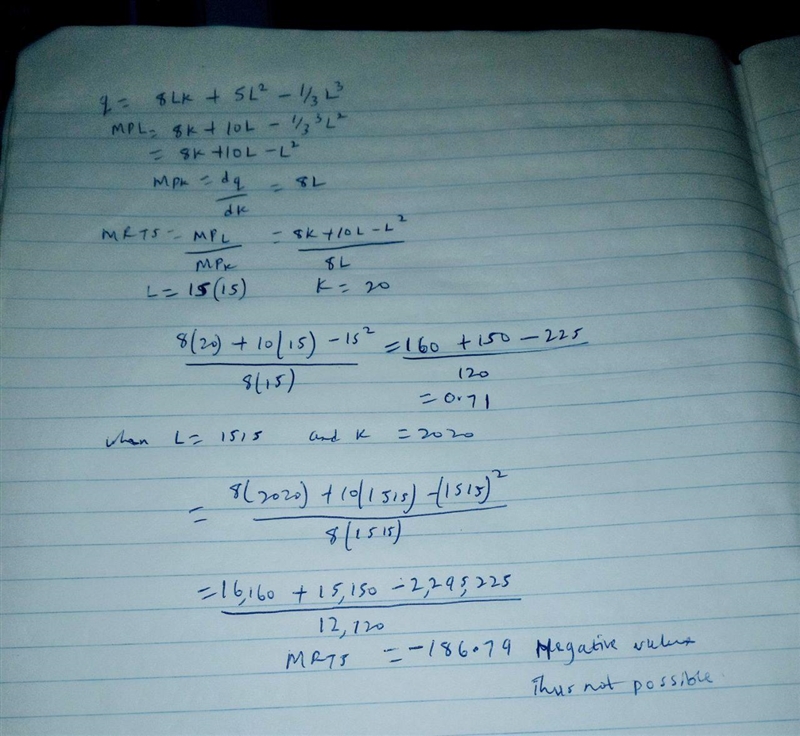 Consider the following production​ function: q equals 8 LK plus 5 Upper L squared-example-1