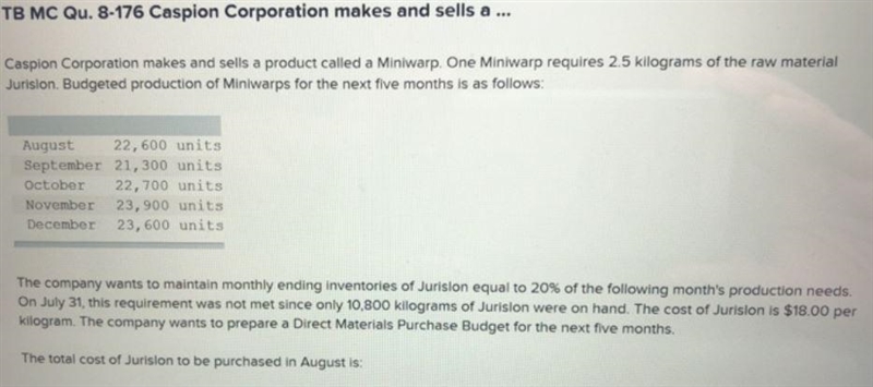 The total cost of Jurislon to be purchased in August is: Multiple Choice $1,839,600 $1,208,700 $1,014,300 $1,017,000-example-1