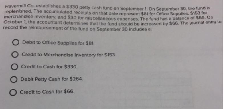 Havermill Co. establishes a $330 petty cash fund on September 1. On September 30, the-example-1