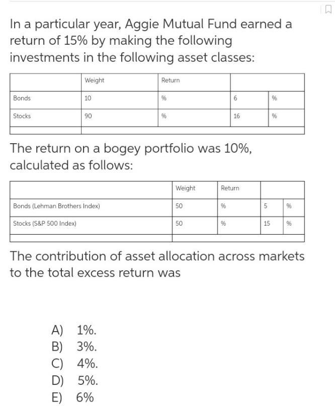 Weight Return Bonds (Lehman Brothers Index) 50 % 5 % Stocks (S&P 500 Index) 50 % 15 % The-example-1