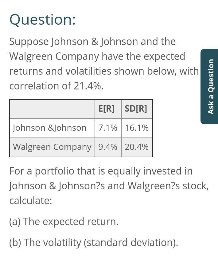 For a portfolio that is equally invested in Johnson​ & Johnson's and​ Walgreen-example-1