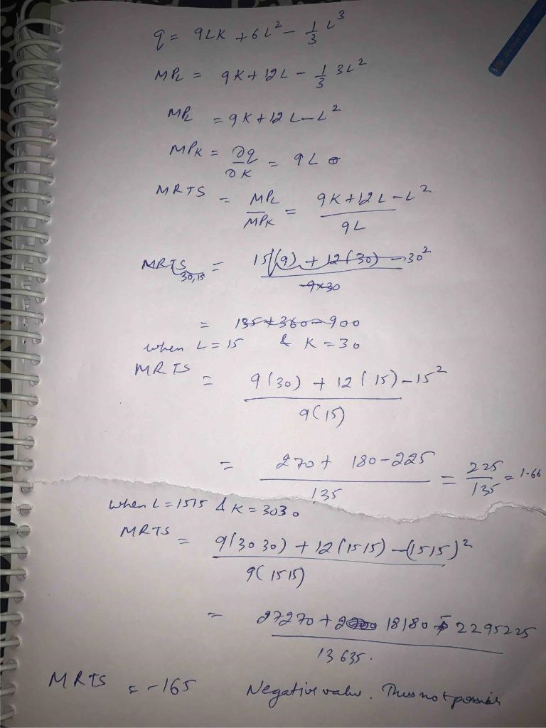 Consider the following production​ function: q equals 9 LK plus 4 Upper L squared-example-1