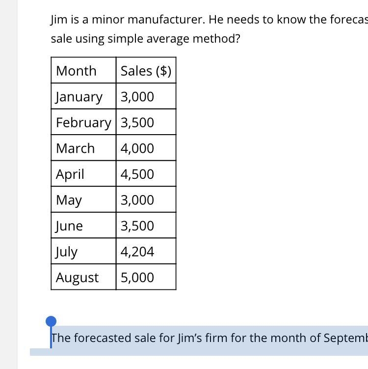 The forecasted sale for Jim’s firm for the month of September using the simple average-example-1