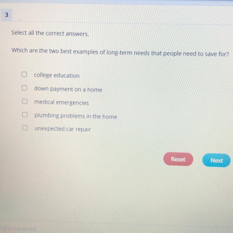 Which are the two best examples of long-term needs that people need to save for? 1) college-example-1