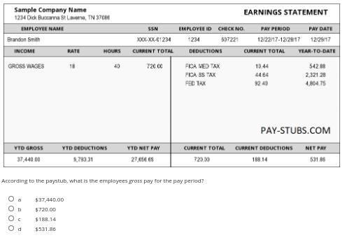 According to the paystub, what is the employees gross pay for the pay period?-example-1