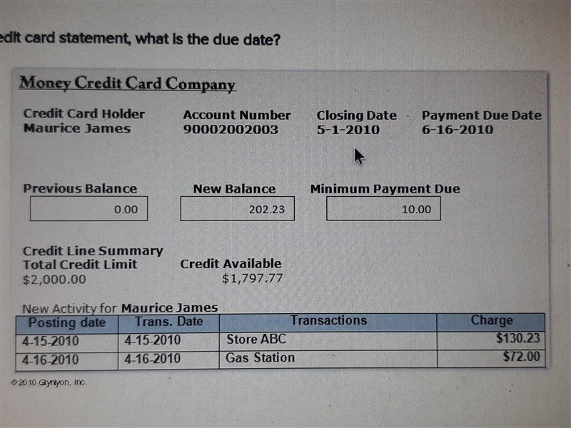 In the following credit card statement what is the due date A.$259.67 B.$10 C.$130.23 D-example-1